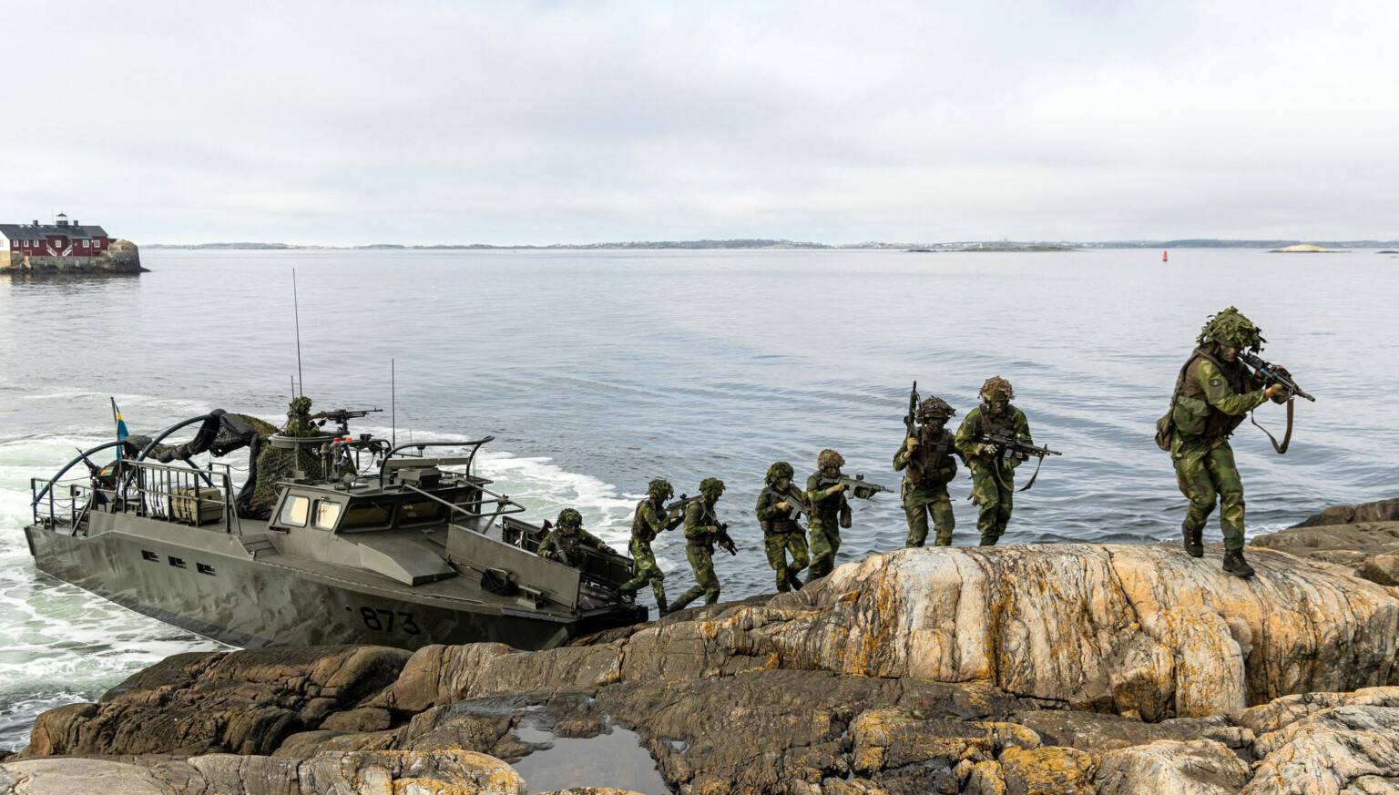 Swedish Marines secure an island during an amphibious exercise near Gothenburg.