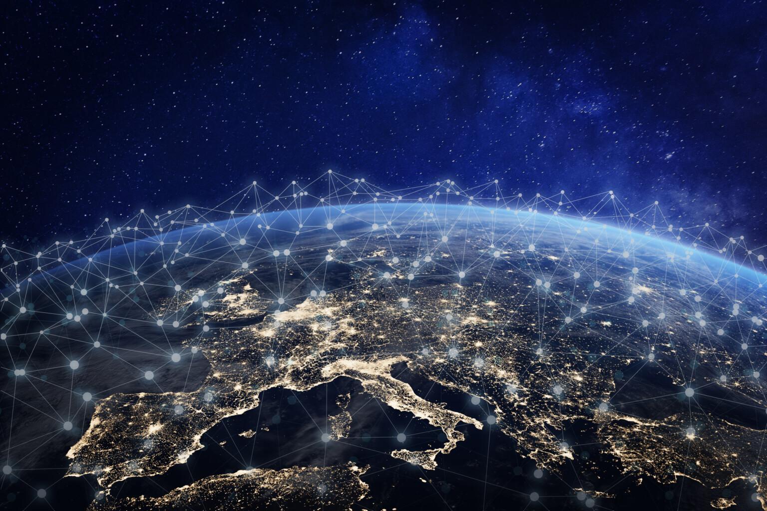 European telecommunication network connected over Europe, France, Germany, UK, Italy, concept about internet and global communication technology for finance, blockchain or IoT, elements from NASA 